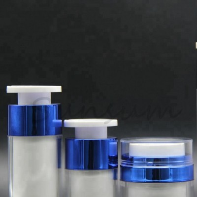 A set of cosmetic plastic airless bottles and jars