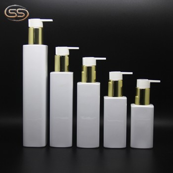 Square plastic cosmetic bottle with gold pump